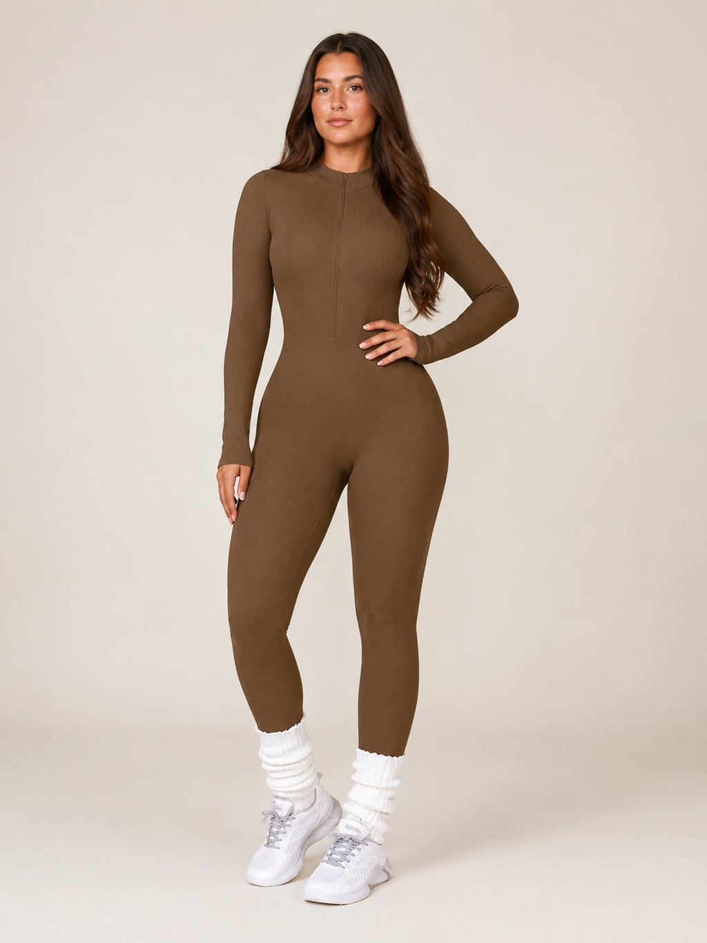 Kaya - Naadloze Sport Jumpsuit Met Rits En Ribstructuur