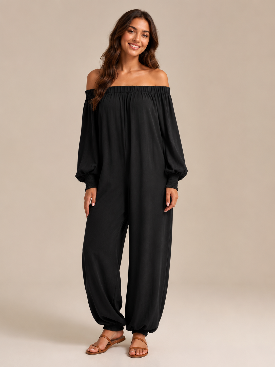 Tiana - Off-shoulder damesjumpsuit met lantaarnmouwen en wijde pijpen