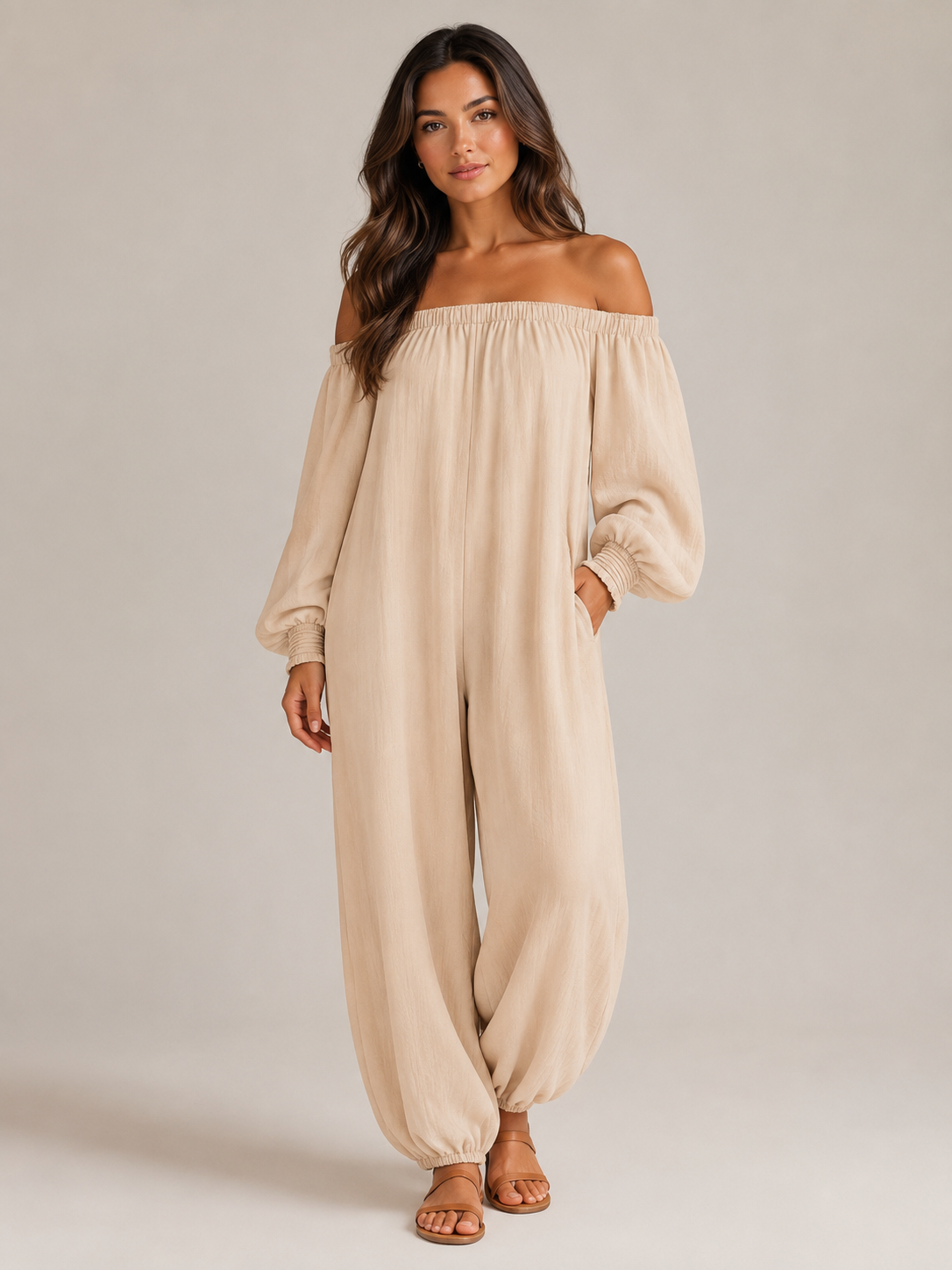 Tiana - Off-shoulder damesjumpsuit met lantaarnmouwen en wijde pijpen