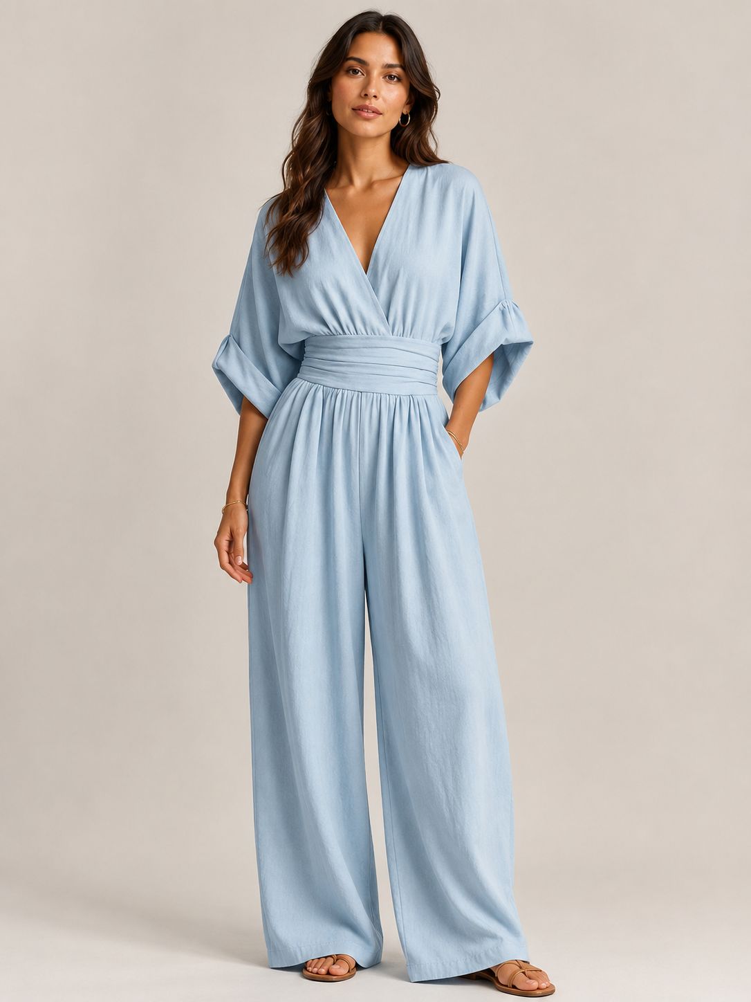 Thylane - Dames jumpsuit met geplooide taille en wijde pijpen
