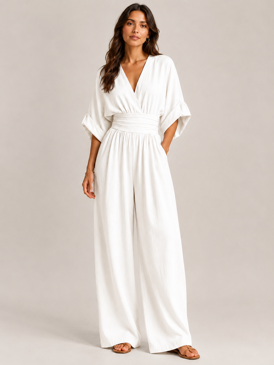 Thylane - Dames jumpsuit met geplooide taille en wijde pijpen