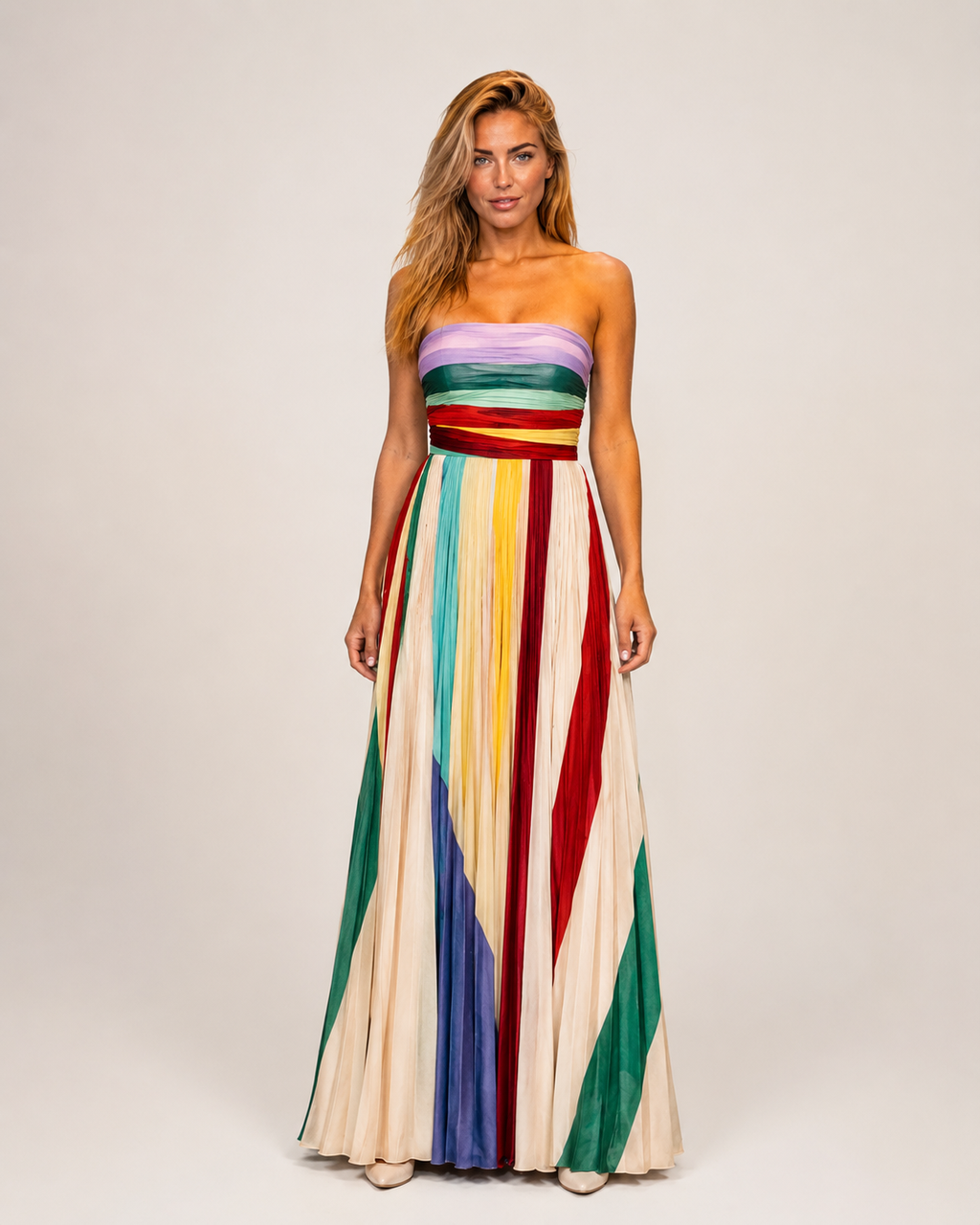 Kiona - Meerkleurige Strapless Maxi-jurk Met Verticale Strepen