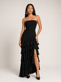 Kenza - Zwarte Strapless Maxi-jurk Met Split En Gelaagde Zoom