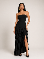 Kenza - Zwarte Strapless Maxi-jurk Met Split En Gelaagde Zoom