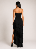 Kenza - Zwarte Strapless Maxi-jurk Met Split En Gelaagde Zoom