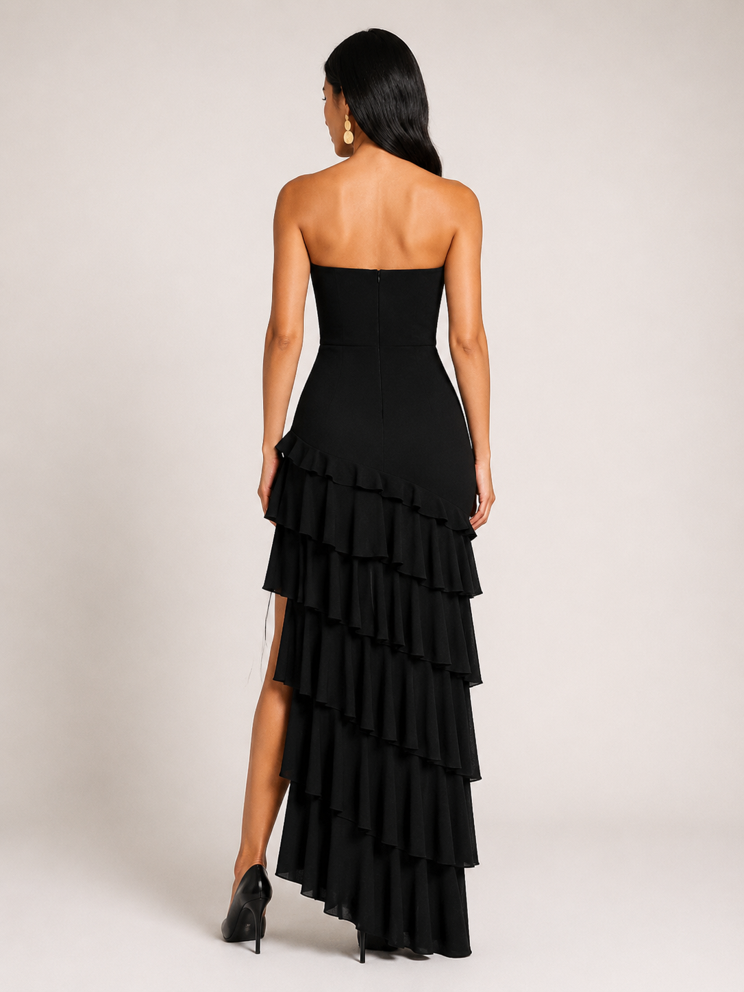Kenza - Zwarte Strapless Maxi-jurk Met Split En Gelaagde Zoom
