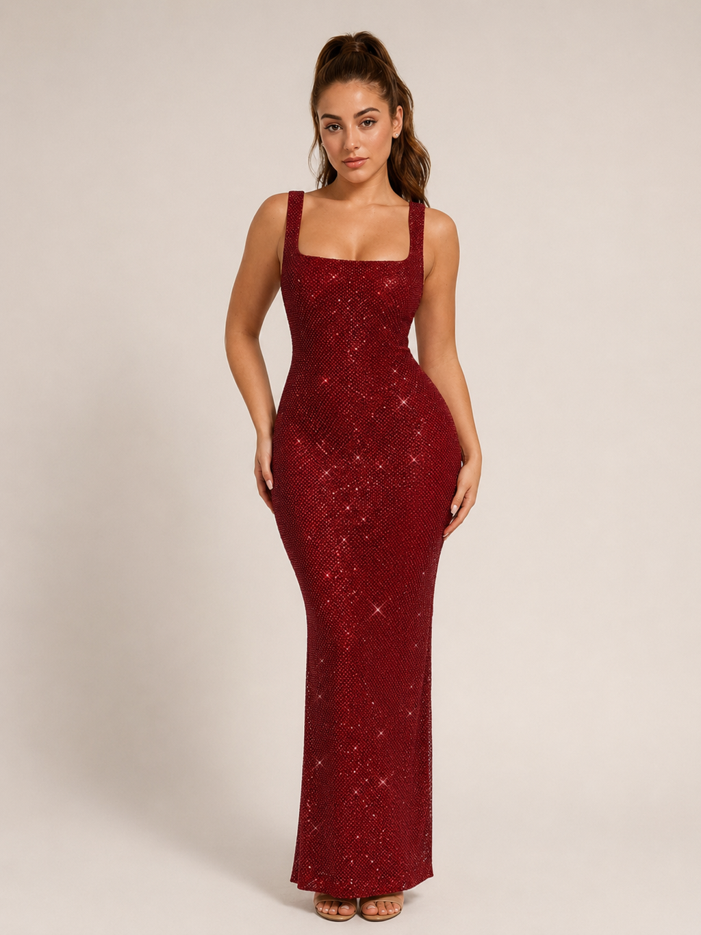 Kyria - Glitter Maxi-jurk Met Open Rug En Vierkante Halslijn