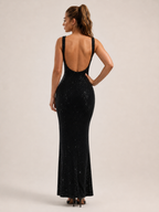 Kyria - Glitter Maxi-jurk Met Open Rug En Vierkante Halslijn