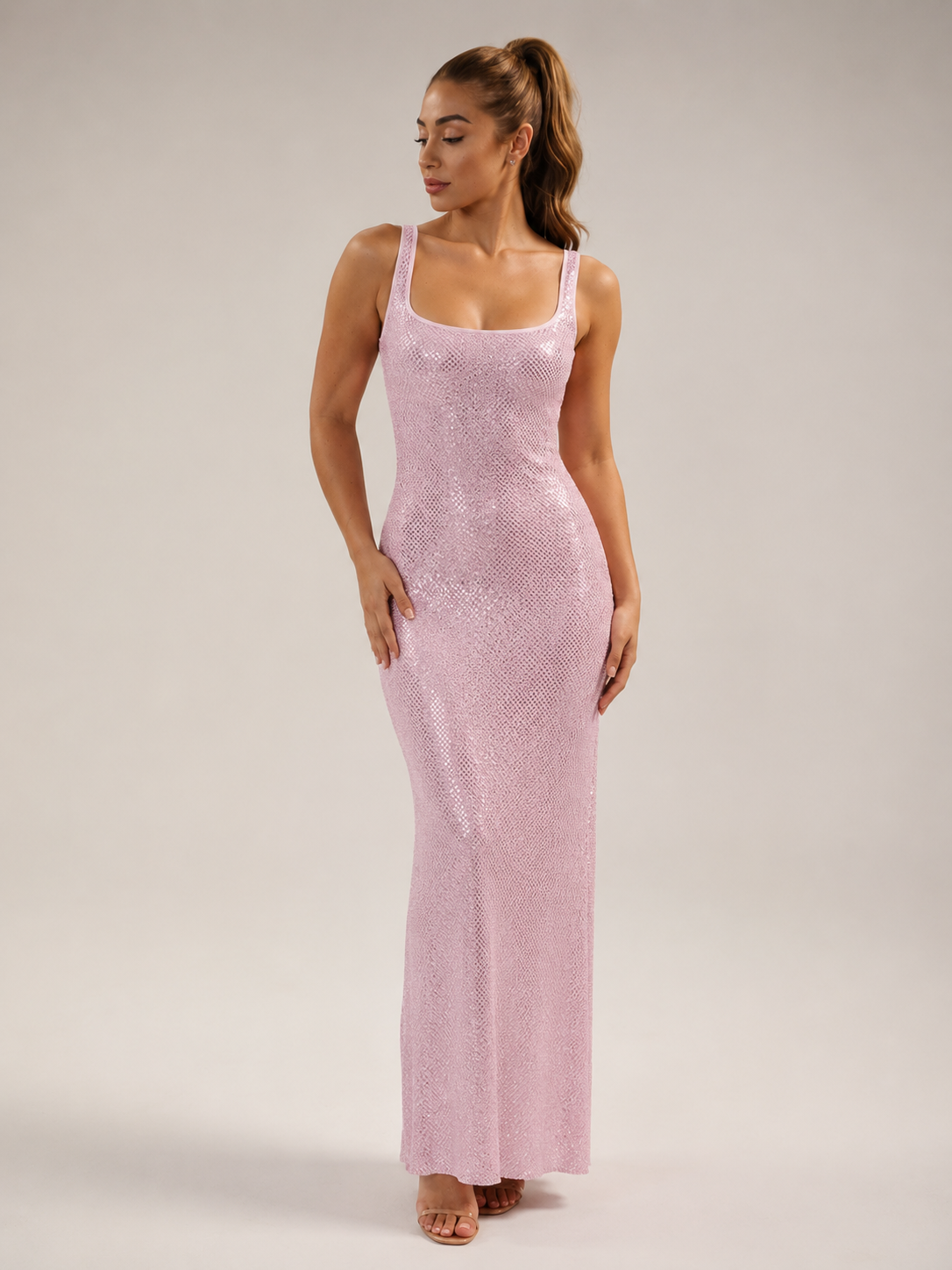 Kyria - Glitter Maxi-jurk Met Open Rug En Vierkante Halslijn