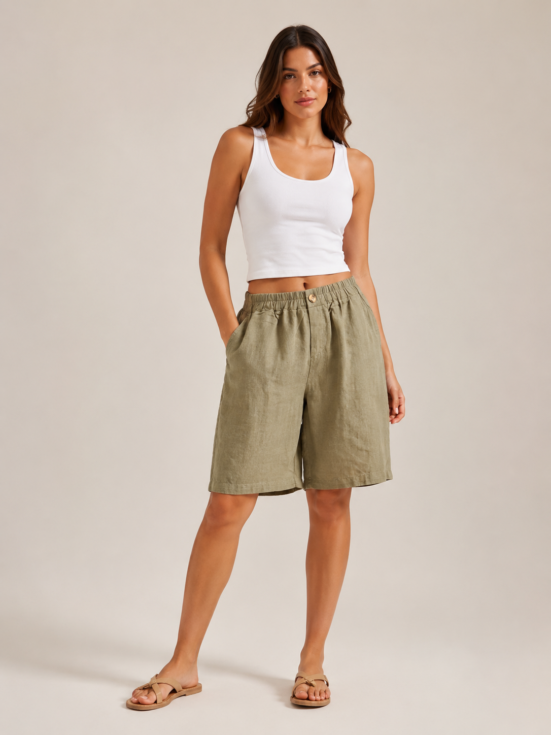 Talina- Dames bermudashort van katoen-linnenmix met hoge taille en steekzakken