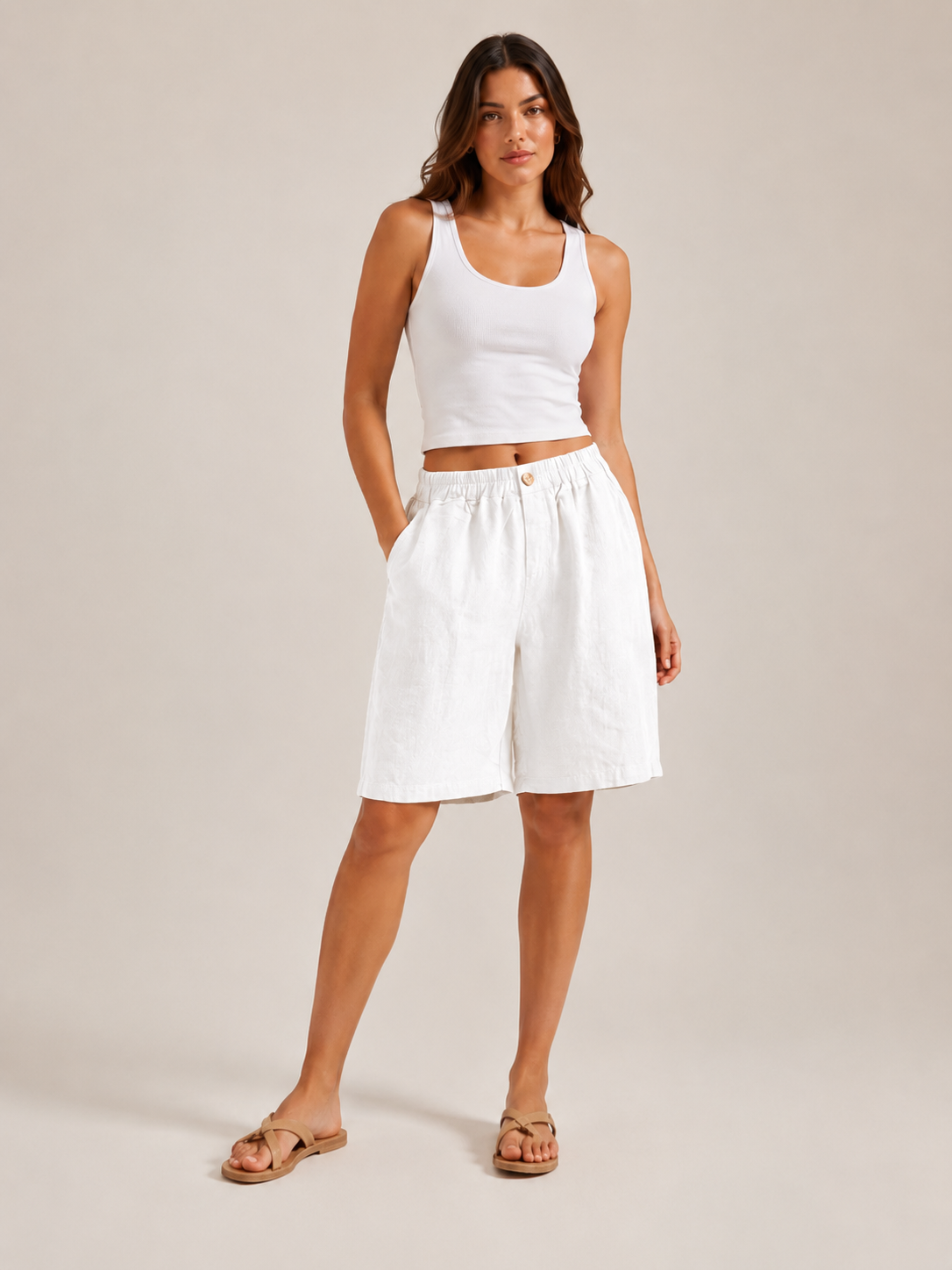 Talina- Dames bermudashort van katoen-linnenmix met hoge taille en steekzakken