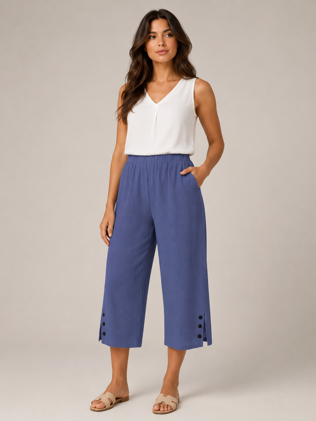 Temara - Dames bermudashort van katoen-linnenmix met elastische taille en steekzakken