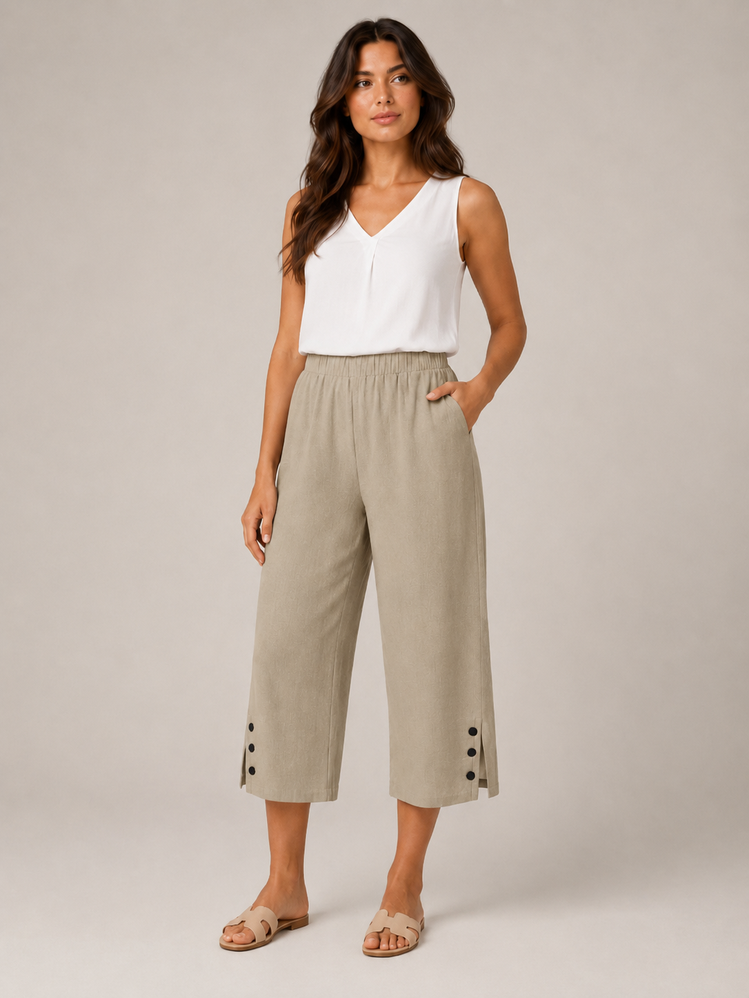 Temara - Dames bermudashort van katoen-linnenmix met elastische taille en steekzakken