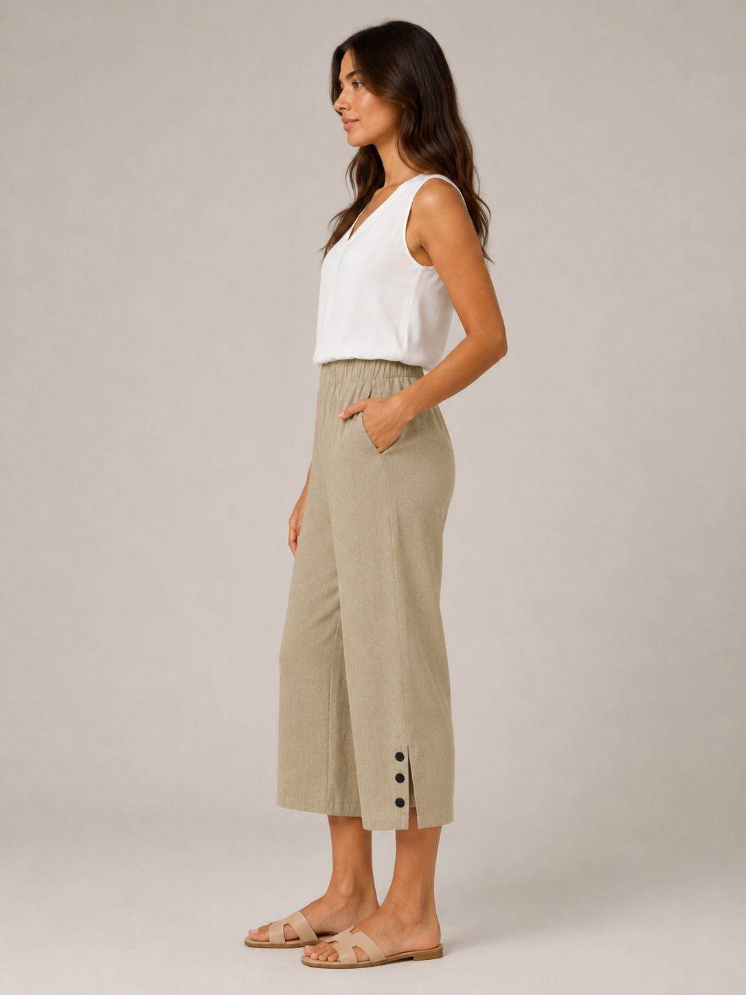 Temara - Dames Katoen-Linnen Bermudashort Met Elastische Taille En Steekzakken
