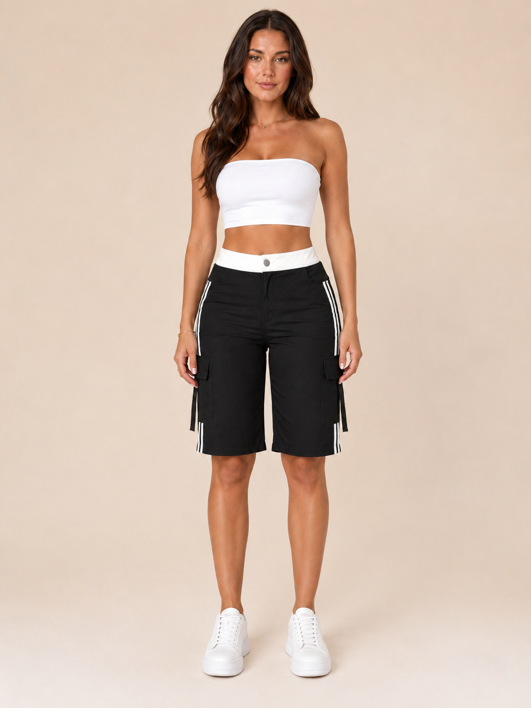 Tanique - Dames Cargobermudashort Met Contrasterende Tailleband En Klepzakken
