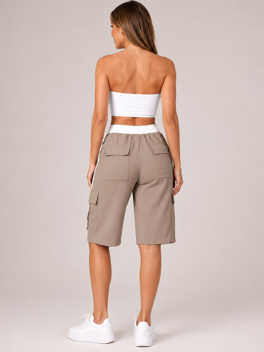 Tanique - Dames Cargobermudashort Met Contrasterende Tailleband En Klepzakken