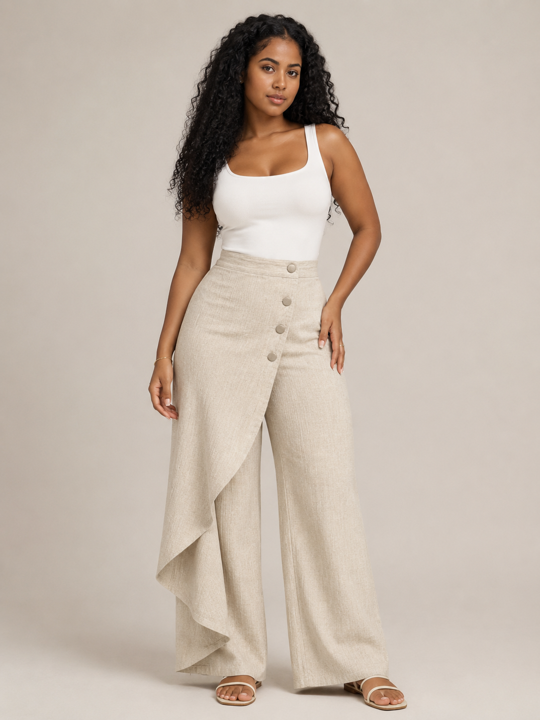 Taneira - Dames palazzobroek met asymmetrische overslag en knoopdetails