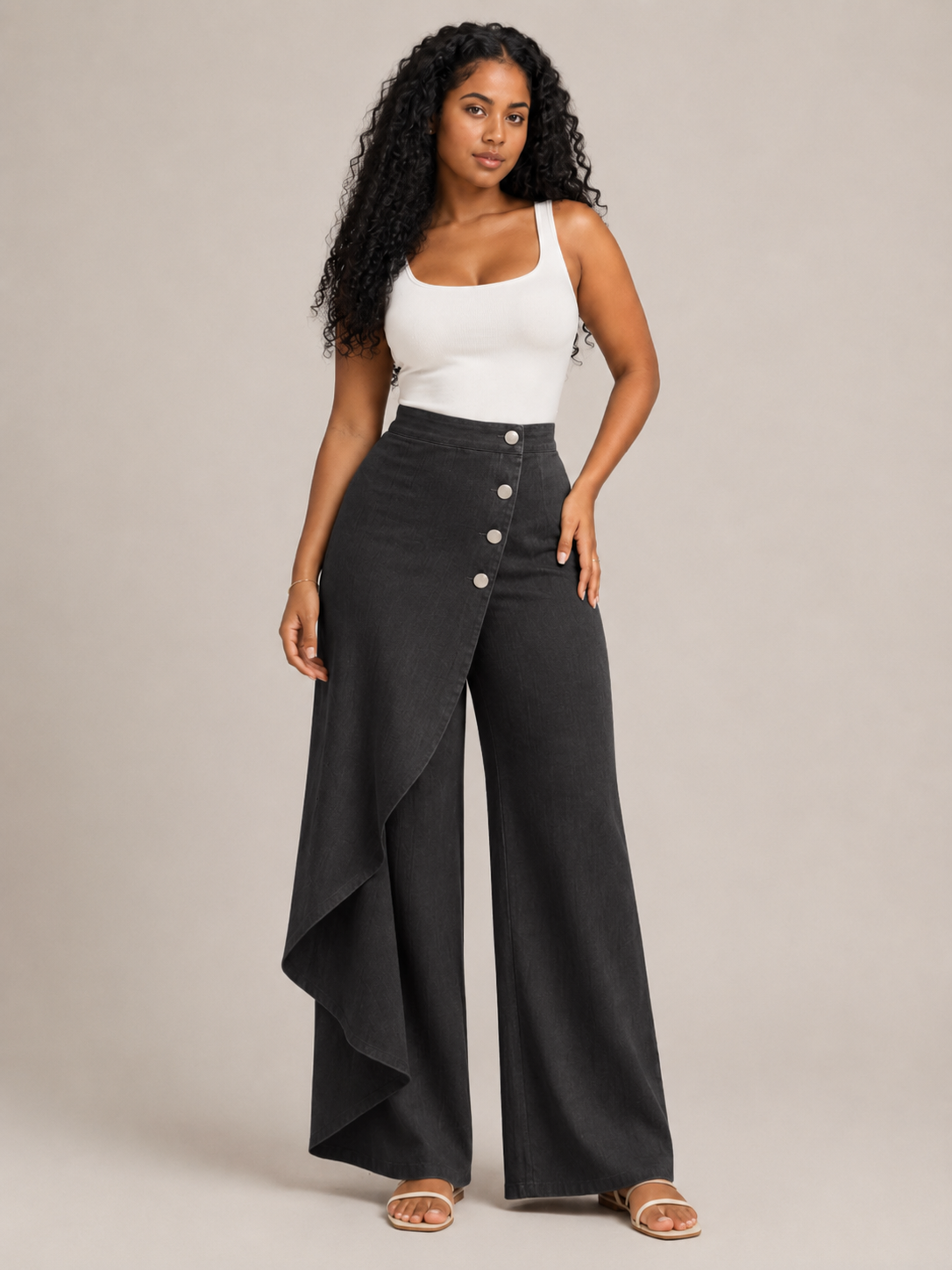 Taneira - Dames palazzobroek met asymmetrische overslag en knoopdetails