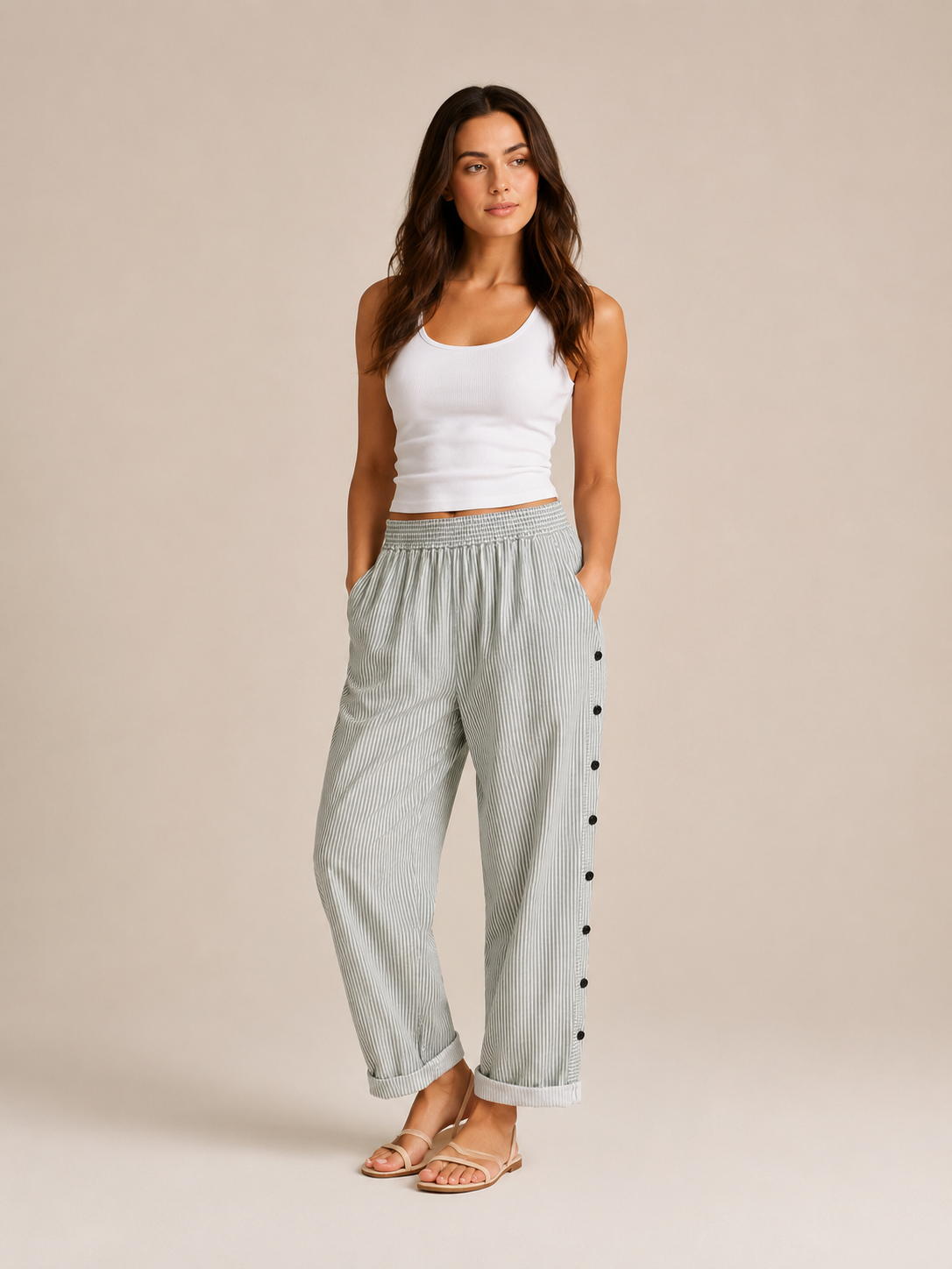 Tirena - Dames Gestreepte Broek Met Elastische Taille En Zijknopen