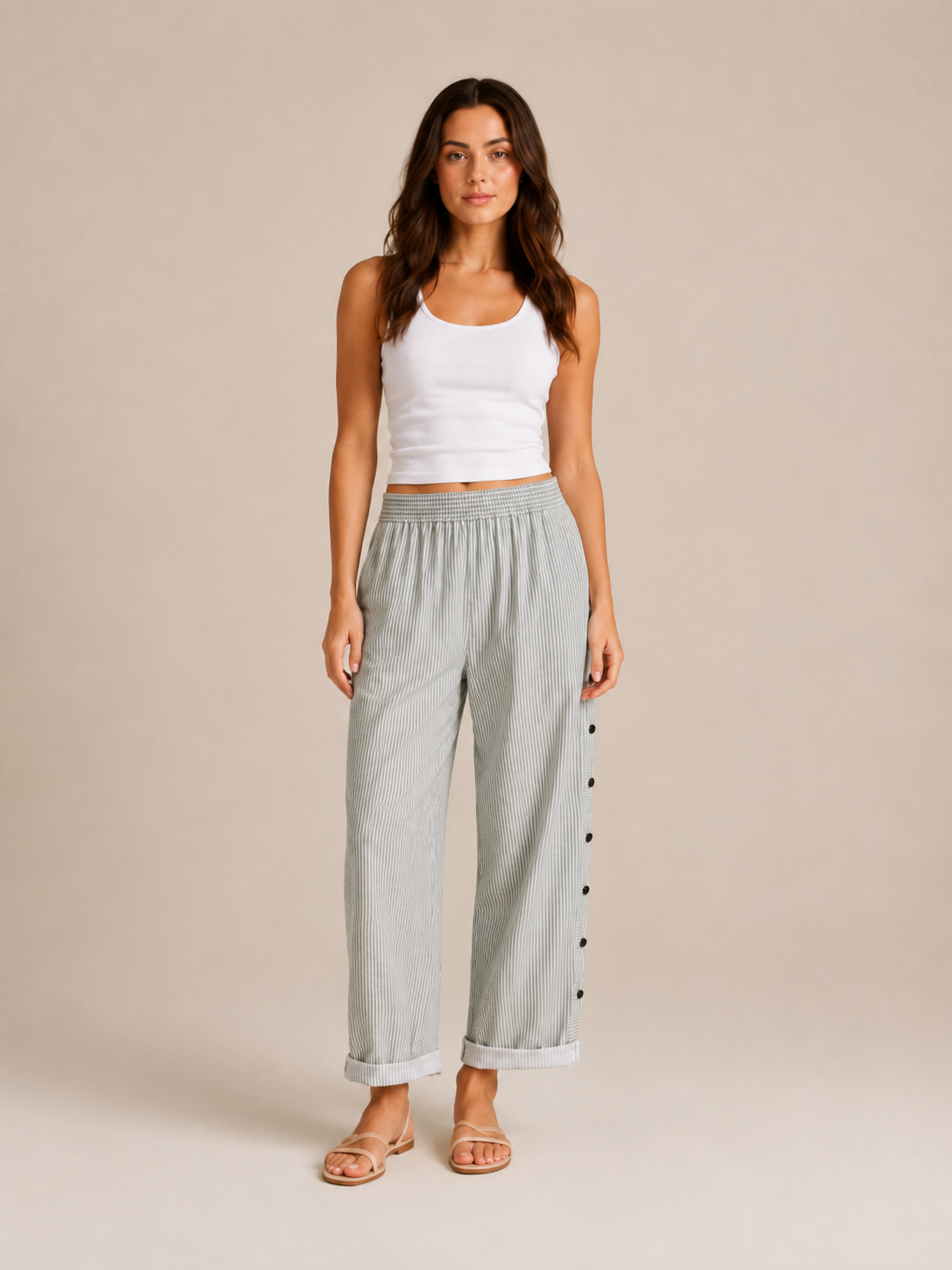 Tirena - Dames Gestreepte Broek Met Elastische Taille En Zijknopen