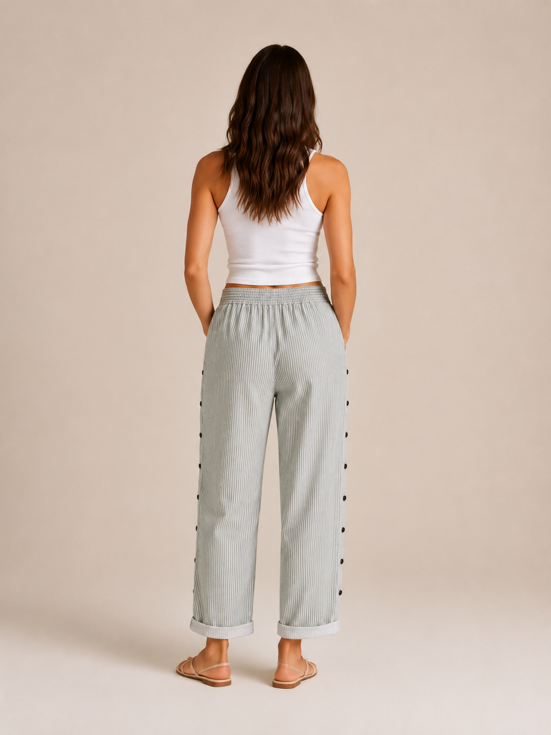 Tirena - Dames Gestreepte Broek Met Elastische Taille En Zijknopen