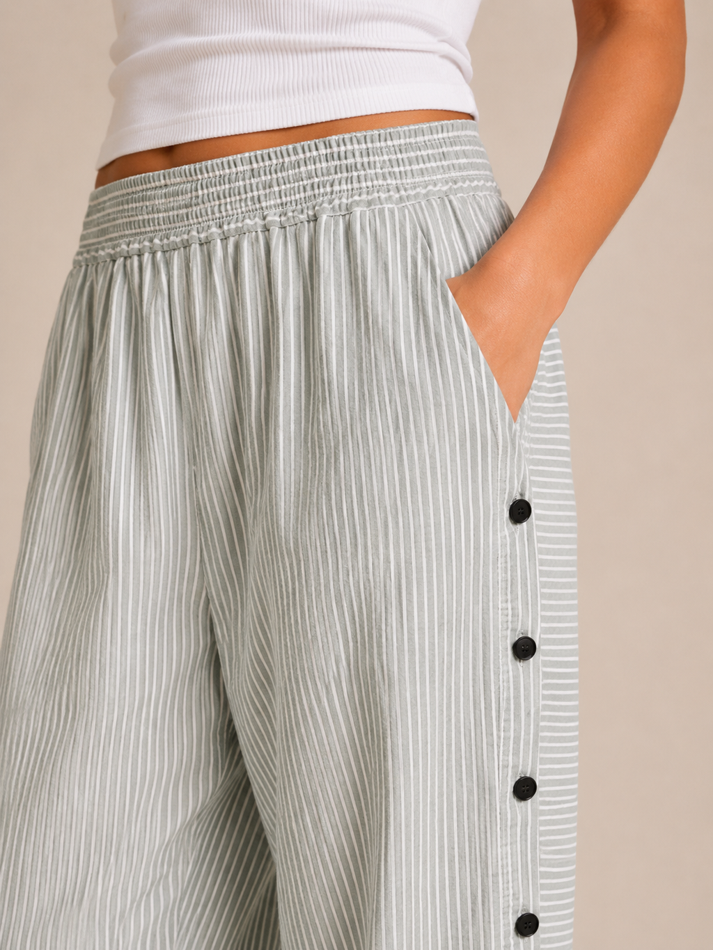 Tirena - Dames Gestreepte Broek Met Elastische Taille En Zijknopen