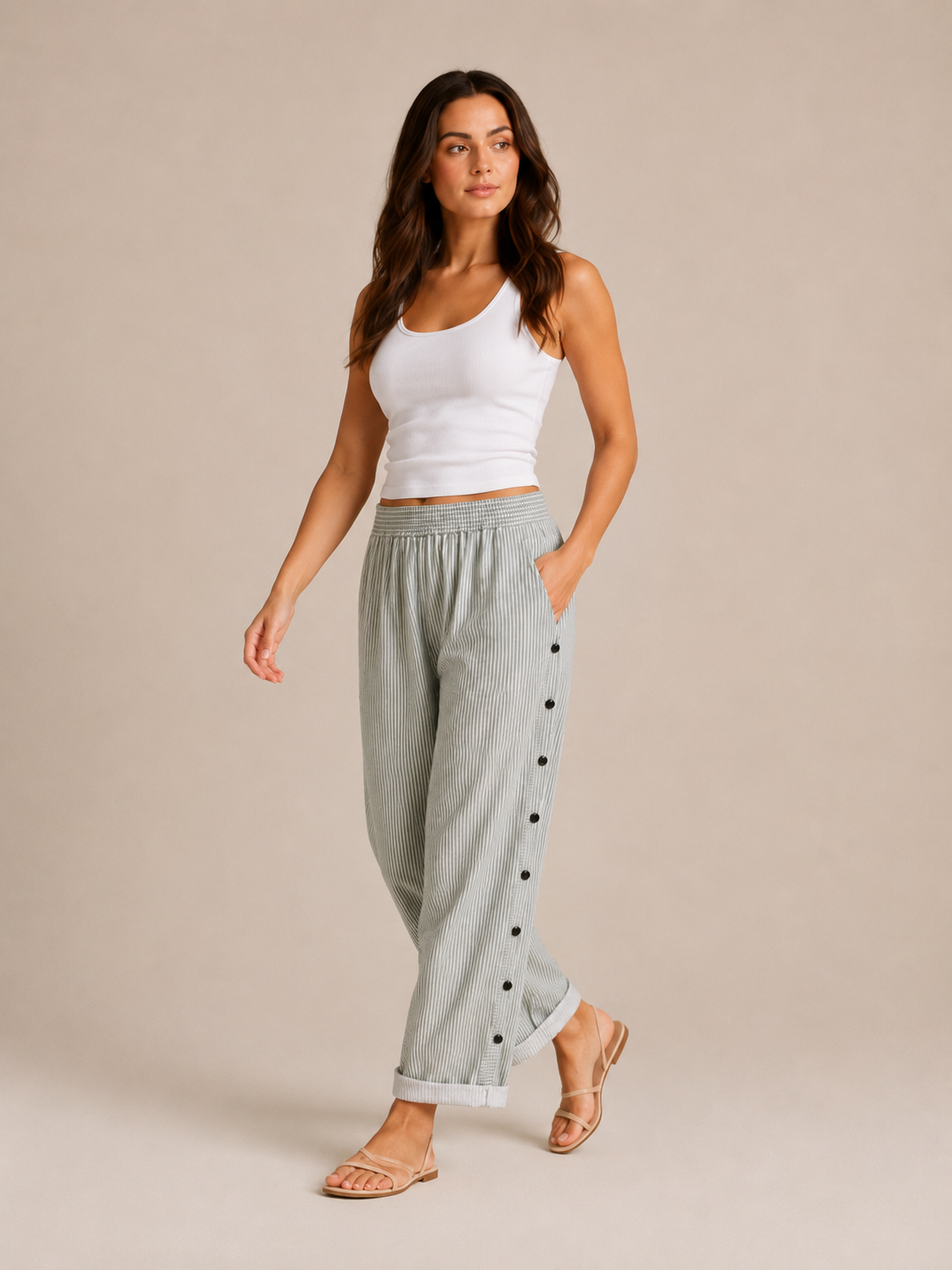Tirena - Dames Gestreepte Broek Met Elastische Taille En Zijknopen