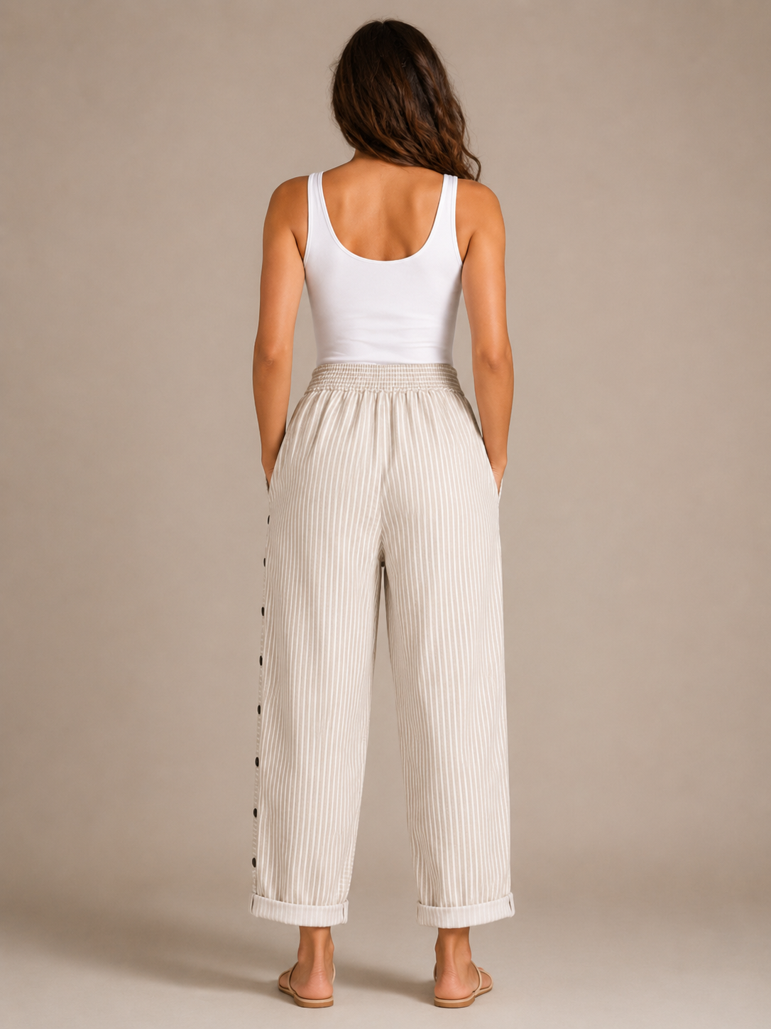 Tirena - Dames Gestreepte Broek Met Elastische Taille En Zijknopen