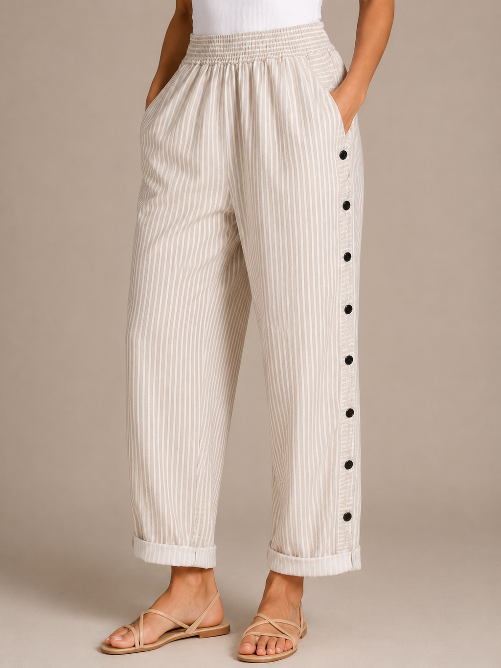 Tirena - Dames Gestreepte Broek Met Elastische Taille En Zijknopen