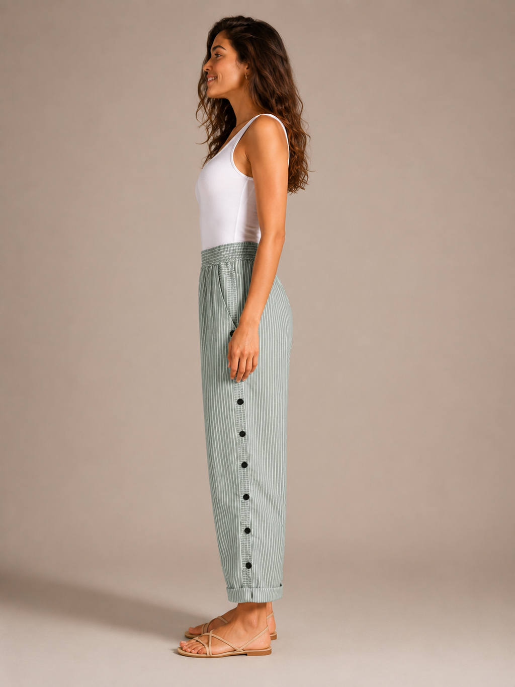 Tirena - Dames Gestreepte Broek Met Elastische Taille En Zijknopen