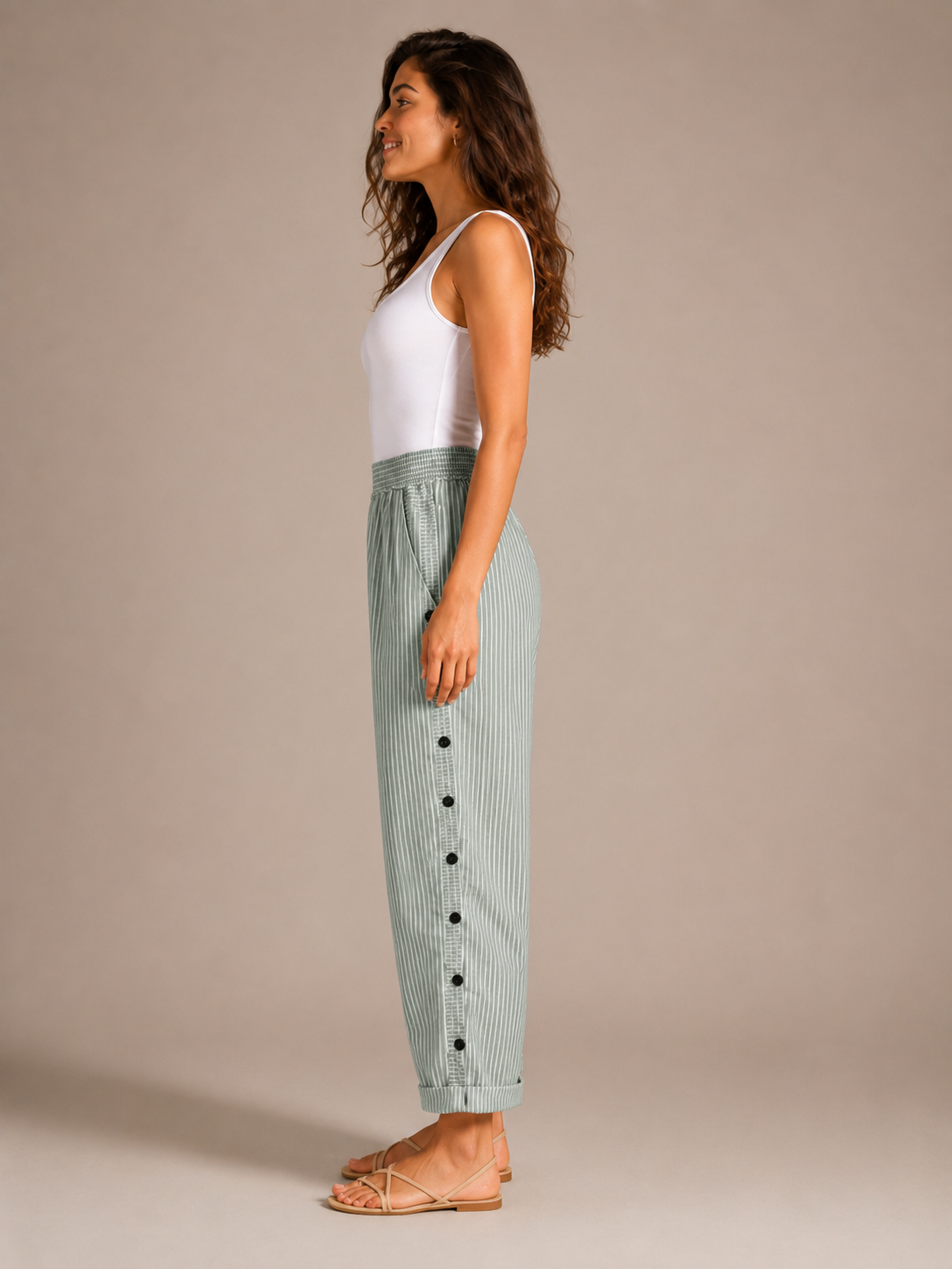 Tirena - Dames Gestreepte Broek Met Elastische Taille En Zijknopen