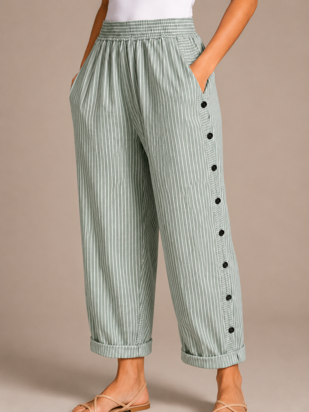 Tirena - Dames Gestreepte Broek Met Elastische Taille En Zijknopen