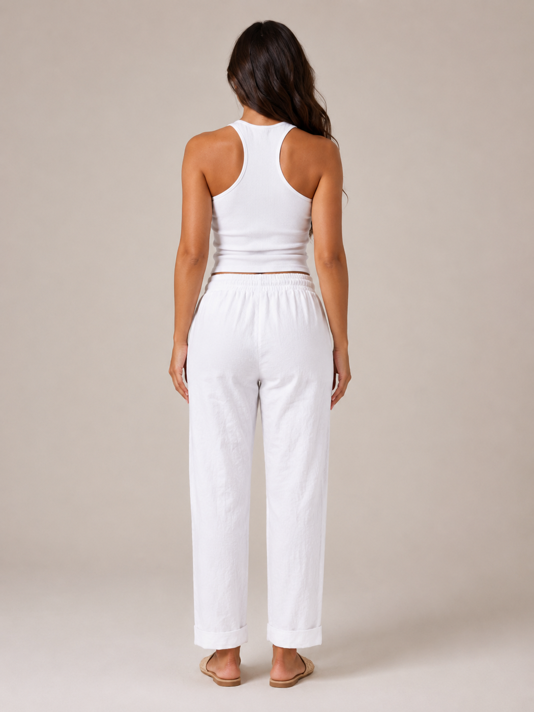 Terenza - Dames Katoen-Linnen Broek Met Elastische Taille En Steekzakken