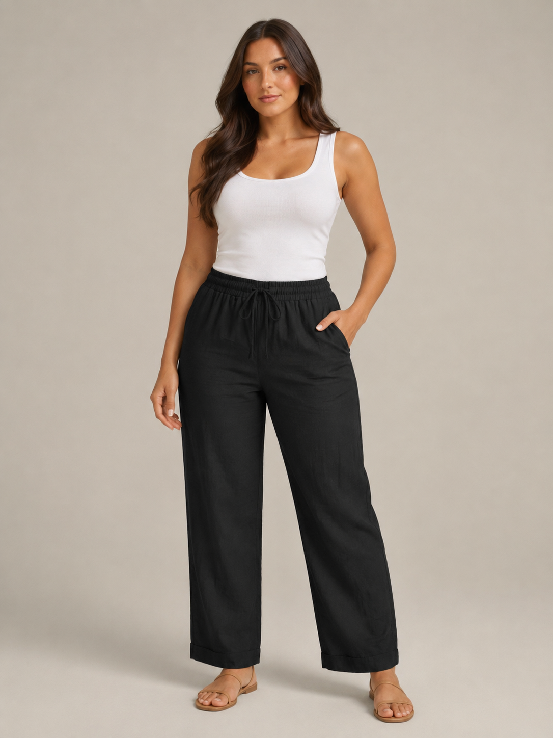 Terenza - Katoenlinnen Broek met Hoge Taille en Elastische Tailleband