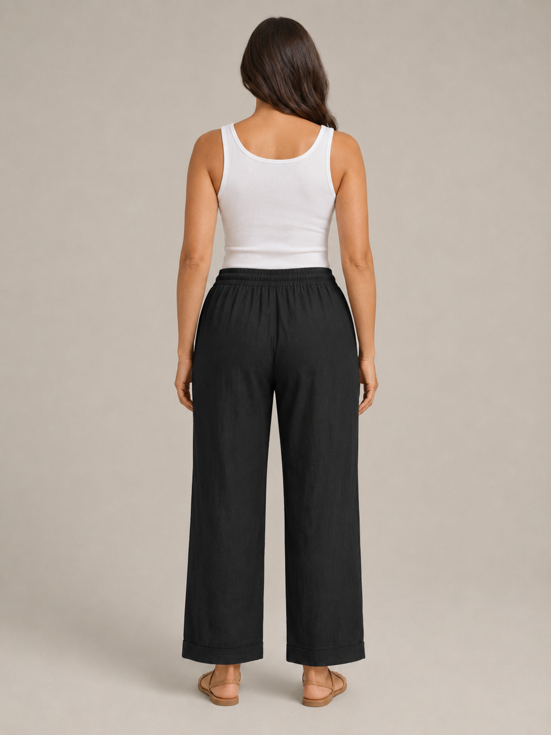 Terenza - Dames Katoen-Linnen Broek Met Elastische Taille En Steekzakken