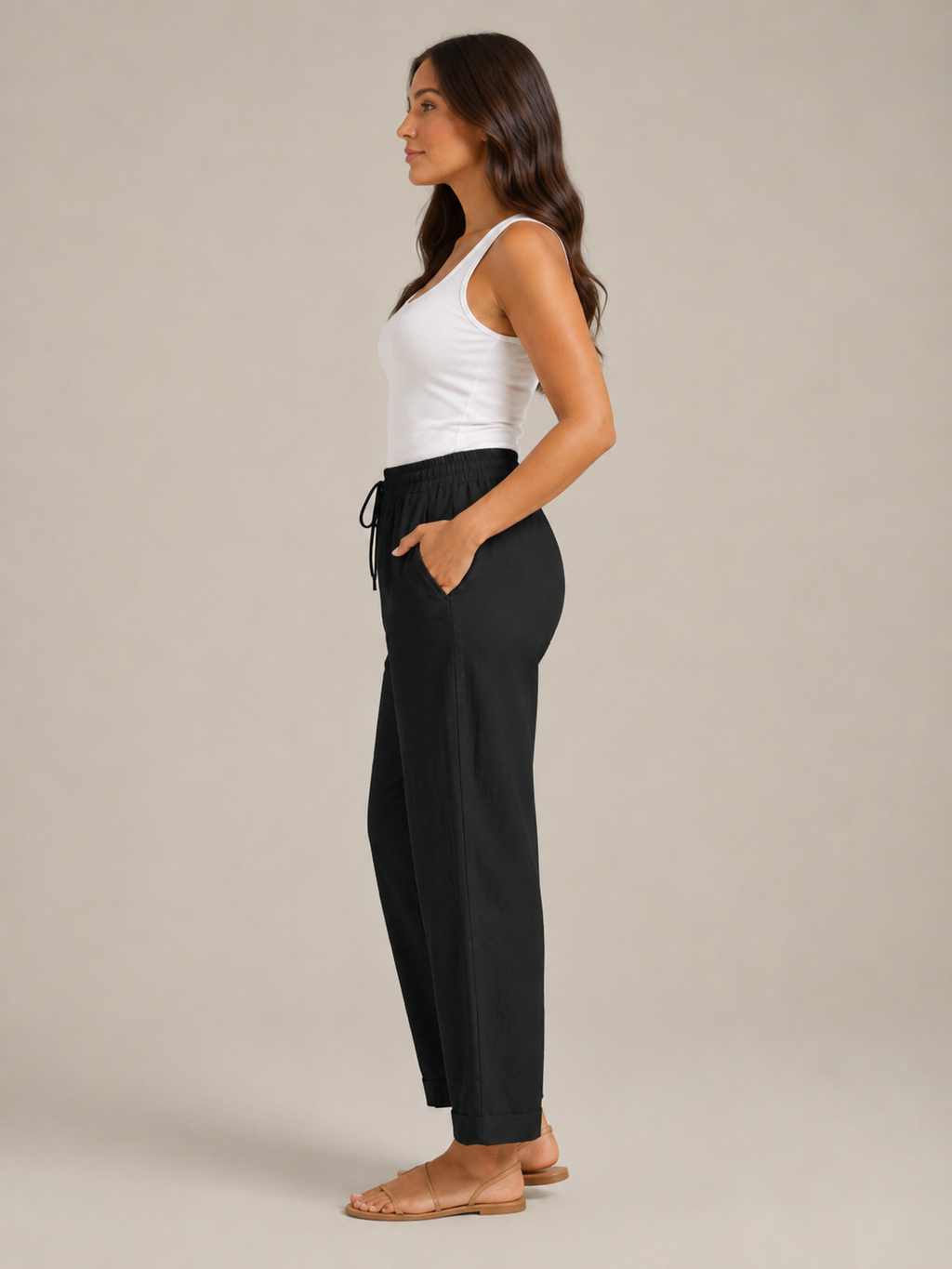 Terenza - Dames Katoen-Linnen Broek Met Elastische Taille En Steekzakken