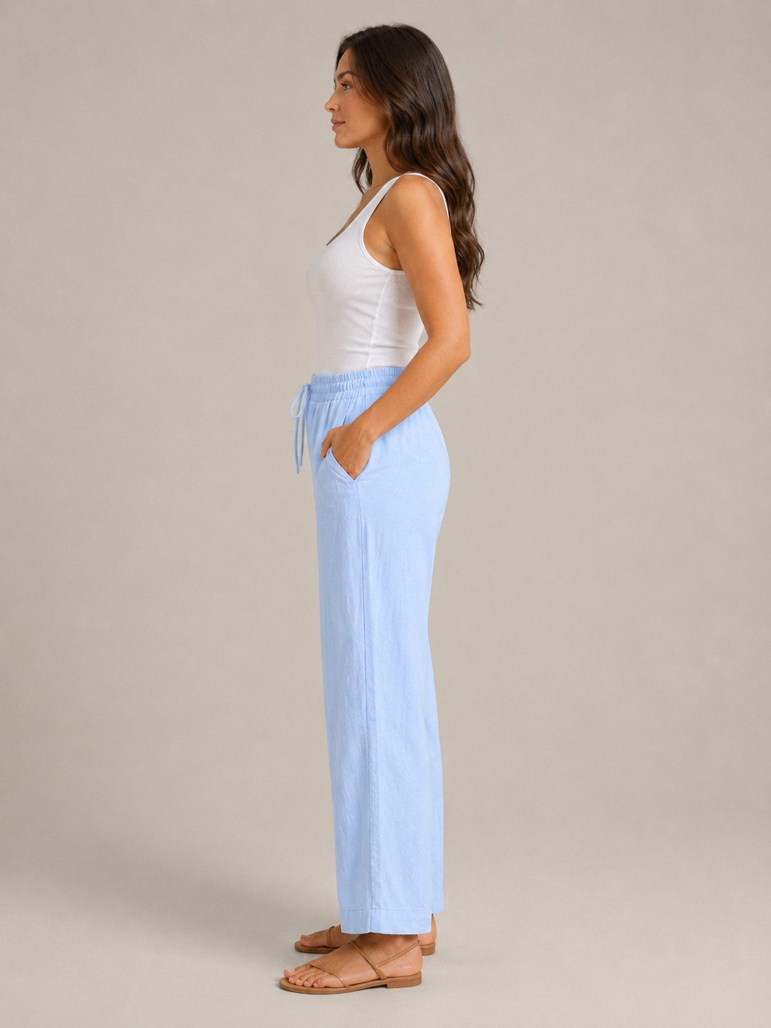 Terenza - Dames Katoen-Linnen Broek Met Elastische Taille En Steekzakken
