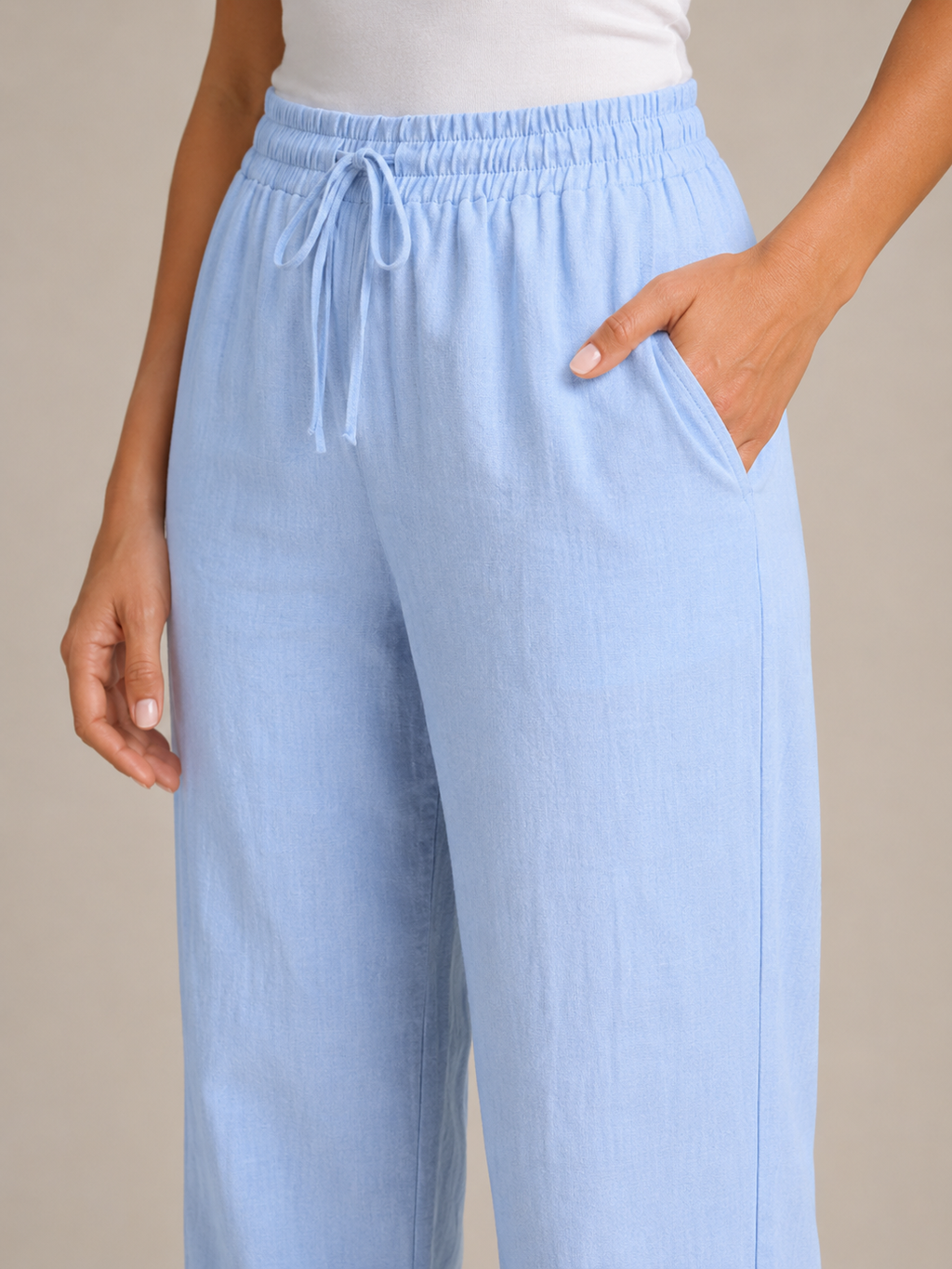 Terenza - Dames Katoen-Linnen Broek Met Elastische Taille En Steekzakken