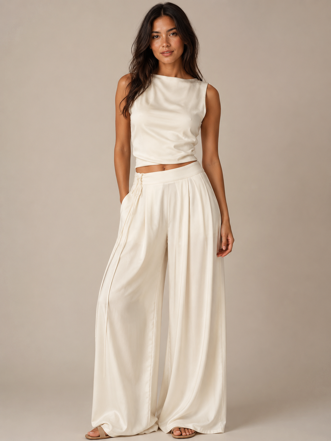 Tovelia - Dames Tweedelige Set Met Open Rug Top En Wijde Broek