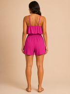 Uvania - Dames Korte Jumpsuit Met Ruches En Uitlopende Pijpen