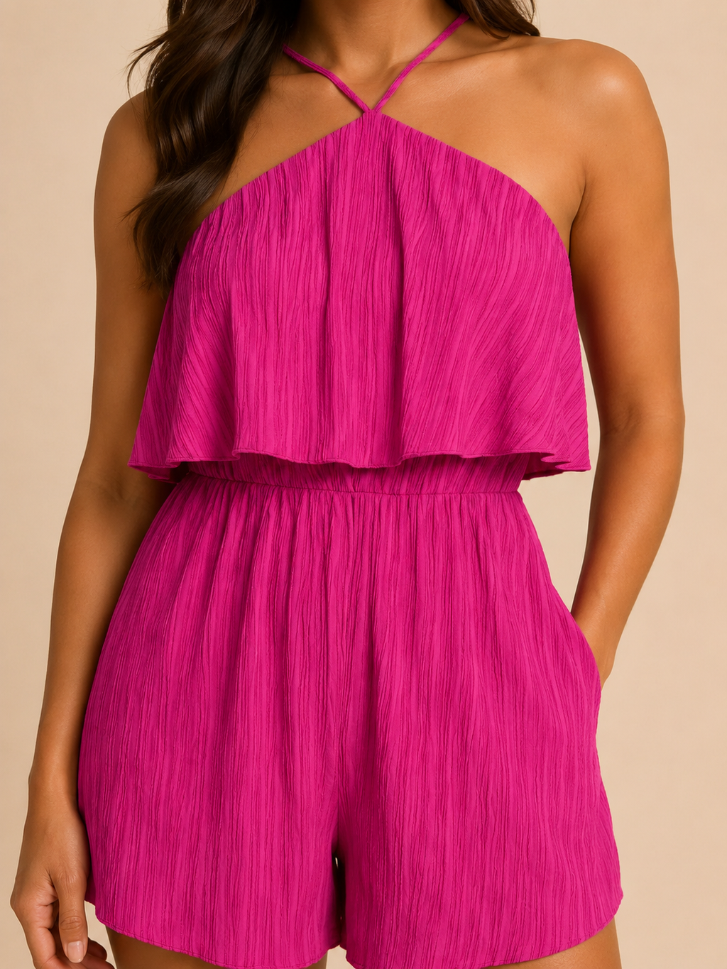 Uvania - Dames Korte Jumpsuit Met Ruches En Uitlopende Pijpen