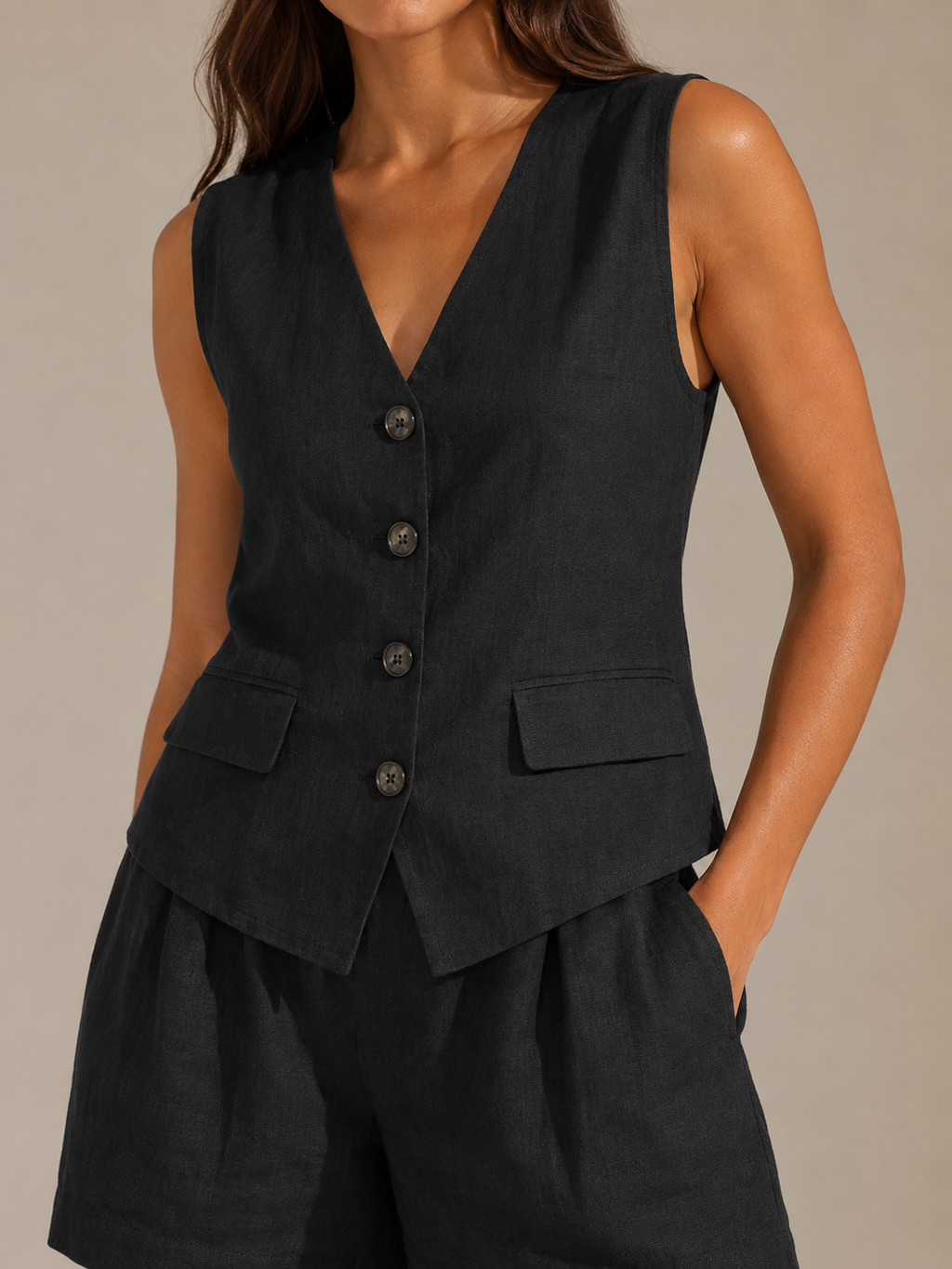 Ushara - Dames Tweedelige Set Met Getailleerd Vest En Plooi-Short