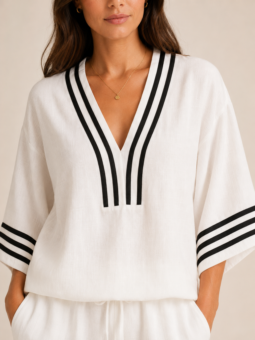 Urselle - Dames Tweedelige Set Met V-Hals En Contrasterende Bies