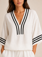 Urselle - Dames Tweedelige Set Met V-Hals En Contrasterende Bies