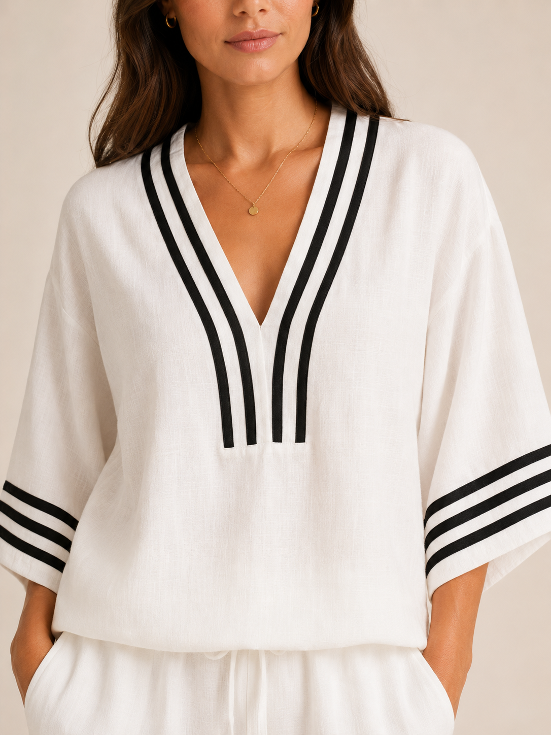Urselle - Dames Tweedelige Set Met V-Hals En Contrasterende Bies