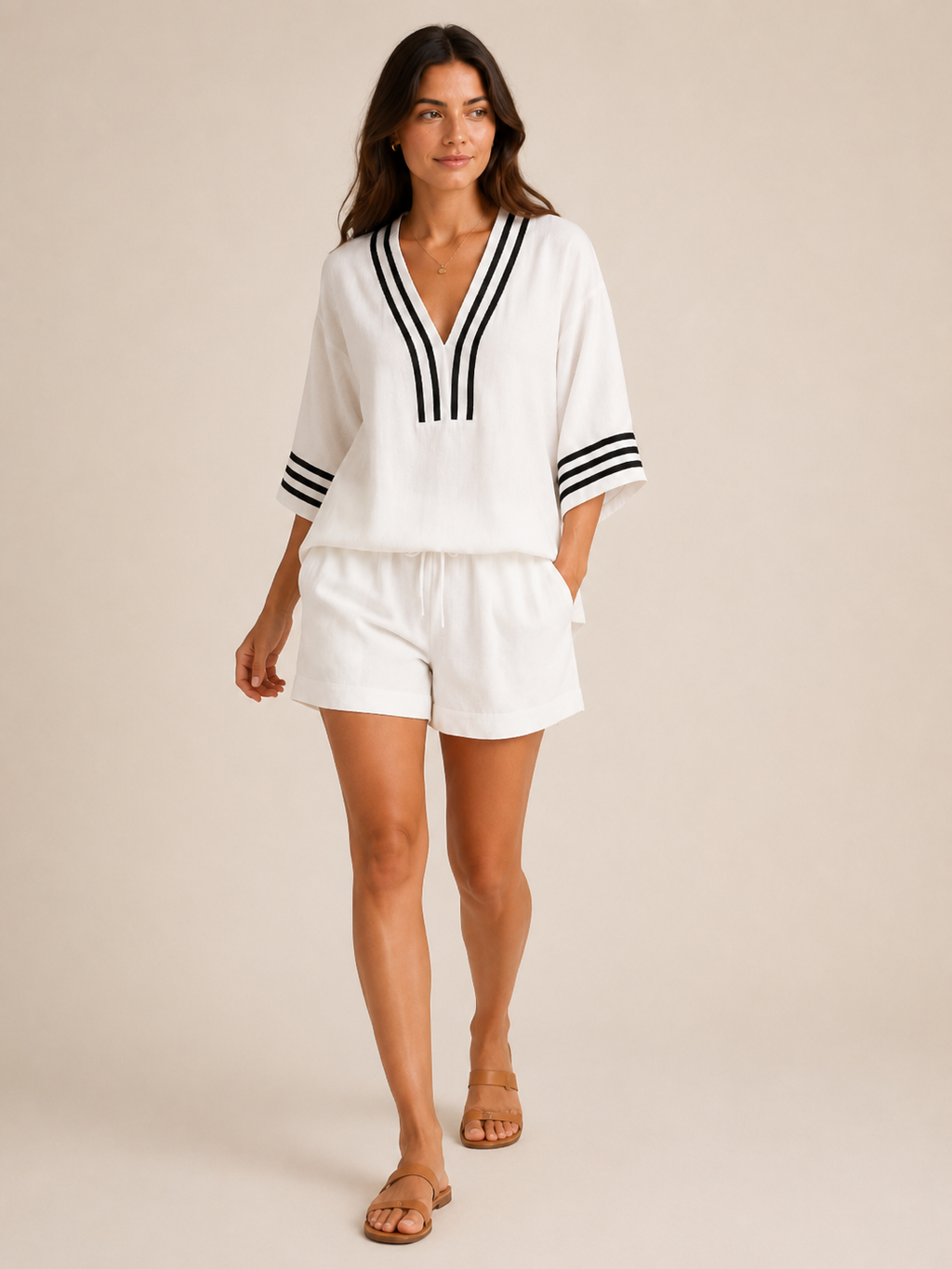 Urselle - Dames Tweedelige Set Met V-Hals En Contrasterende Bies