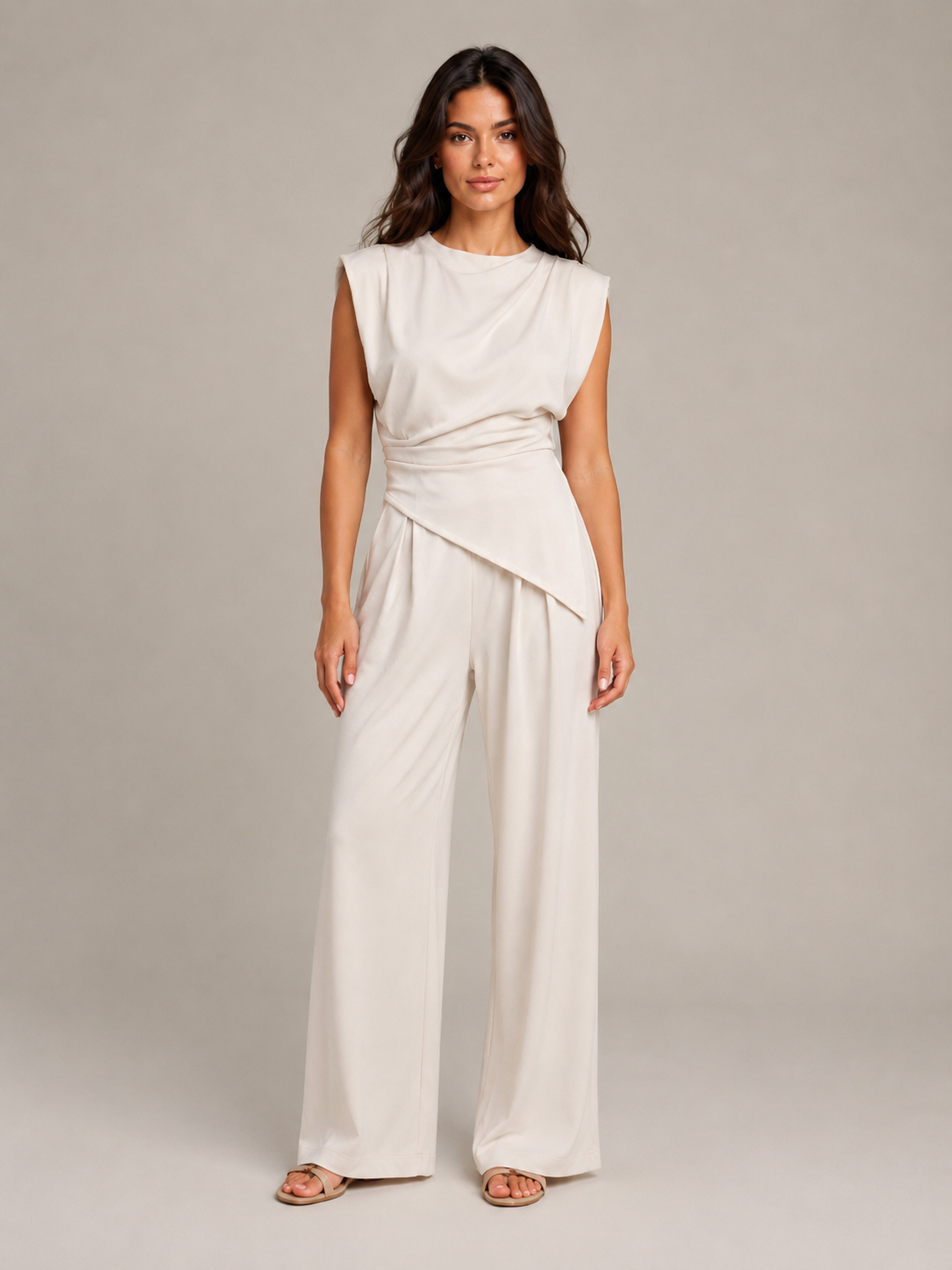 Urenda - Dames Tweedelige Set Met Gedrapeerde Top En Wijde Broek