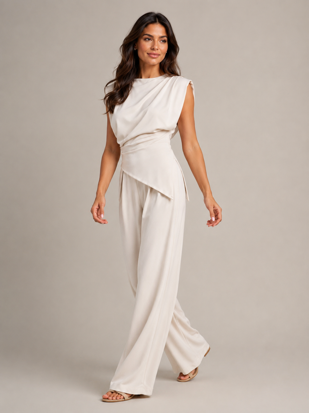 Urenda - Dames Tweedelige Set Met Gedrapeerde Top En Wijde Broek