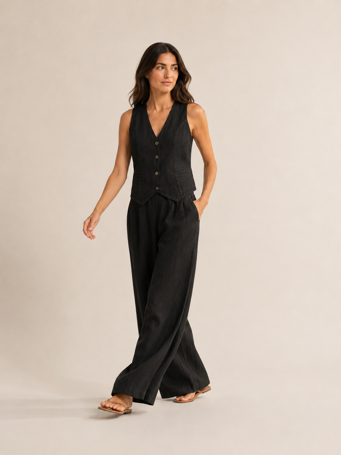 Umeira - Two-piece women's set with button-down waistcoat and wide trousers