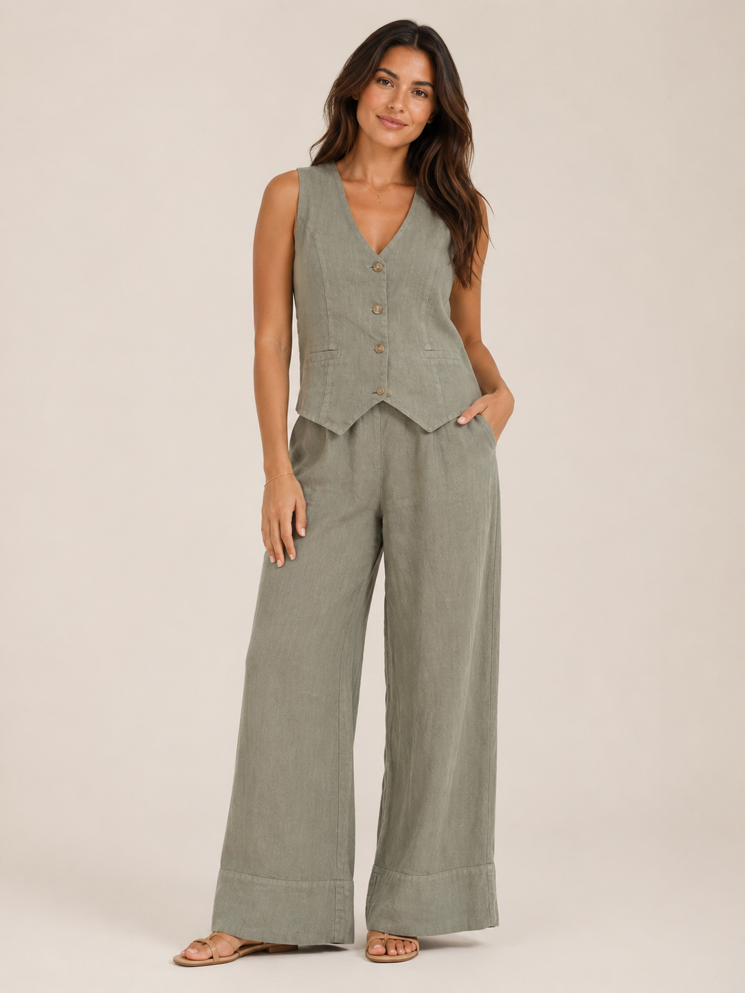 Umeira - katoeninnen Vest en Broek Set met Wijde Pijpen